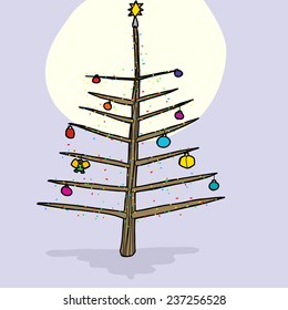 Bare branch Christmas tree with ornaments and moonlight