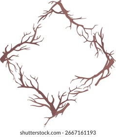 Os ramos nus formam um quadro quadrado com um estilo natural e orgânico. Os galhos criam uma borda geométrica de uma maneira rústica e artística. Ilustração de vetor de desenhos animados.