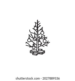Bare christmas tree with baubles vector line icon for Falling Needles Family Fest on December 30