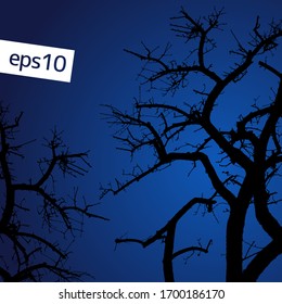 Bare creepy lookong harwood tree branches sillhouettes on a dark blue night. Vector illustration.