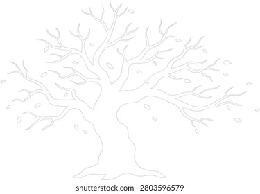 Bare deciduous tree outline with scattered falling leaves, symbolizing autumn or dormancy, white