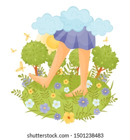 Bare Feet In A Blue Dress In The Meadow. Vector Illustration.