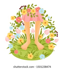 Bare feet in a clearing surrounded by flowers. Vector illustration.