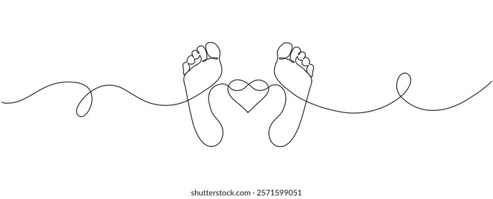 Bare feet with heart and infinity sign drawn in one continuous line. Female footprint in a simple linear style. Foot Massage. Concept of love and cosmetic foot care. Vector editable illustration