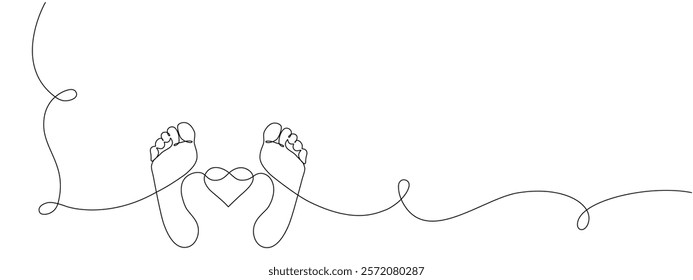 Bare feet with heart and infinity sign drawn in one continuous line. Vector print of women's feet in simple linear editable style. Foot Massage. Concept of love and cosmetic foot care.