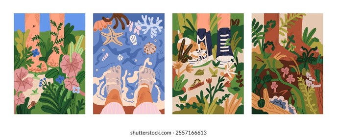 Bare feet in nature, cards set. Walking on foot on grass, flowers, plants, field and standing in sea water. Barefoot outdoors and legs in sneakers on summer holiday. Flat graphic vector illustration