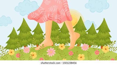 Bare feet on a flower meadow. Vector illustration.