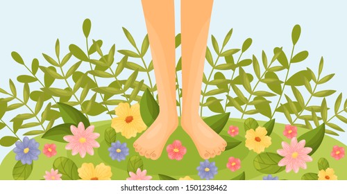 Bare Feet On A Flower Meadow. Vector Illustration.