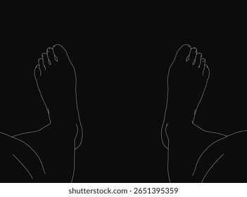 Bare feet stand on a black background, creating a striking contrast between the pale skin and dark surface. The human legs are relaxed, with toes slightly curled.