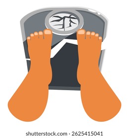 Bare feet standing on a broken weighing scale, symbolizing excessive weight gain, obesity, and the struggle with weight management