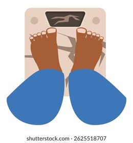 Bare feet standing on broken weighing scale symbolizing successful dieting and weight loss goals