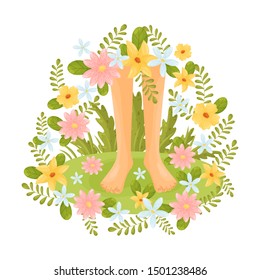Bare feet surrounded by flowers. Vector illustration.