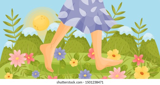 Bare Feet Are Walking In A Clearing. Vector Illustration.