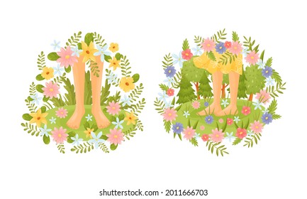 Bare Feet Walking Through the Field or Meadow Touching Soft Green Grass Vector Scene Set