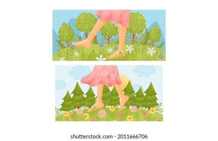 Bare Feet, die durch das Feld wandern oder die Wiese berühren weich grüne Gras Vektorgrafik Set
