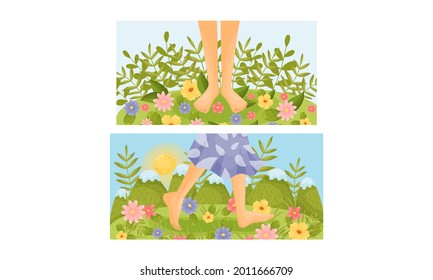 Bare Feet Walking Through The Field Or Meadow Touching Soft Green Grass Vector Scene Set