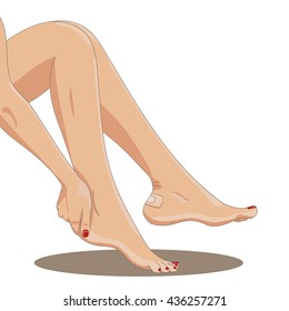 Bare female legs with blister plaster applied on one heel. Side view. Medical strip bandage covering heel callus or wound. Tight footwear result. Vector illustration.