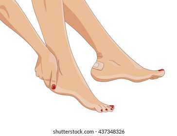 Bare female legs with blister plaster applied on one heel. Side view. Medical strip bandage covering heel callus or wound. Tight footwear result. Vector illustration.