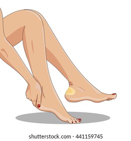 Bare female legs with oval blister plaster applied on one heel. Side view. Medical adhesive plaster covering heel callus or wound. Tight footwear result. Vector illustration.