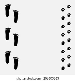 Bare foot print and paw print black frame. Vector illustration