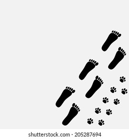 Bare foot print and paw print in the corner. Vector illustration