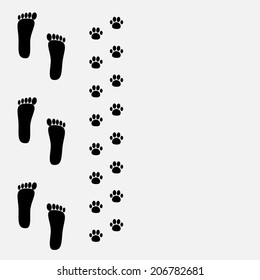 Bare foot print and paw print on the left. Vector illustration