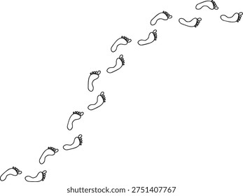 Bare foot track outline, human footprint trail wave path set on white background. Minimalist walking person steps, bare foot track design, simple body part shape. Footprint line art kit