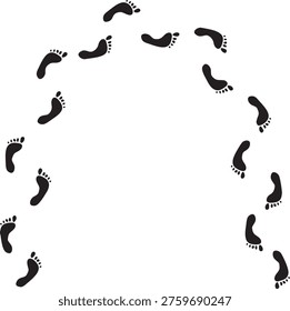 Bare foot track outline, human footprint trail wave path set on white background. Minimalist walking person steps, bare foot track design, simple body part shape. Footprint line art kit