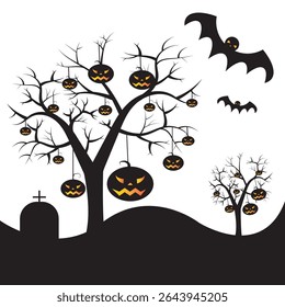 Bare Halloween Trees Decorated with Hanging Pumpkins. Vector Illustration