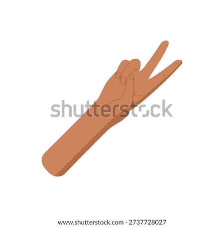 Bare hand with two raised fingers sticker. Flat cartoon arm with palm gesture expressing the count number two. Human hand signal isolated, graphic format, practical for math or education use.