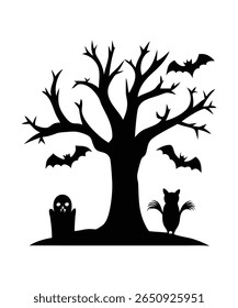 Bare Haunted Tree with Owl, Bats And Gravestones Silhouette Halloween Vector