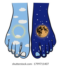 Bare human foot as day and night. Creative concept of man in universe. Juxtaposition of sun and moon.
