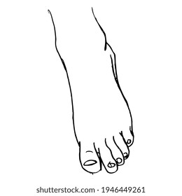 Bare human foot. Hand drawn linear doodle rough sketch. Black silhouette on white background.