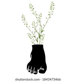 Bare human foot as vase with branches of shepherd's purse wildflower. Creative environmental concept. Man and nature.