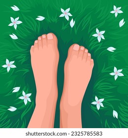 Bare legs of woman on spring or summer pastoral lawn, top view vector illustration. Cartoon feet of person walking on grass and flowers pattern, happy walk and vacation of barefoot girl in park