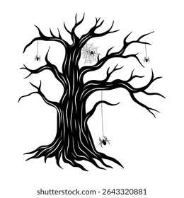 Bare spooky tree silhouette. Halloween element decoration creepy tree. Line art collection with spiderweb and spiders on tree