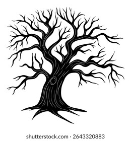 Bare spooky tree silhouette. Halloween element decoration creepy tree. Line art collection 