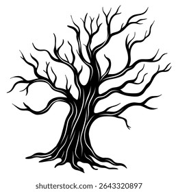 Bare spooky tree silhouette. Halloween element decoration creepy tree. Line art collection 