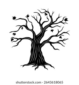 Bare spooky tree silhouette. Halloween element decoration creepy tree. Line art collection 