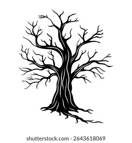 Bare spooky tree silhouette. Halloween element decoration creepy tree. Line art collection 