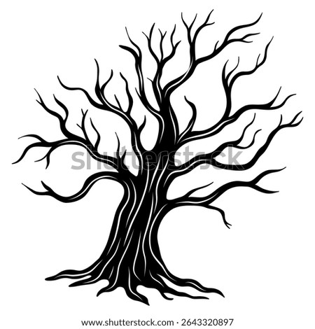Bare spooky tree silhouette. Halloween element decoration creepy tree. Line art collection 
