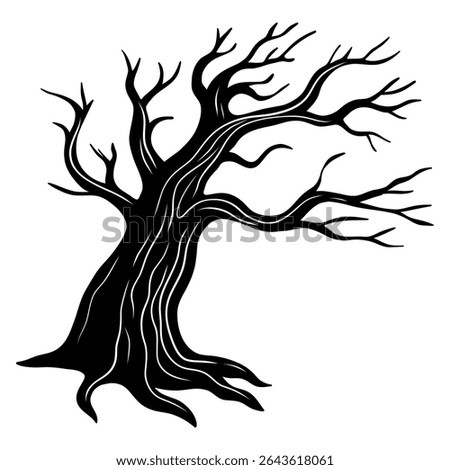 Bare spooky tree silhouette. Halloween element decoration creepy tree. Line art collection 