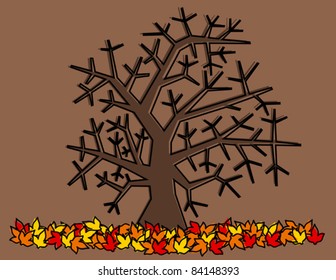 Bare Tree in Autumn with Fallen Colorful Leaves - Retro Style Vector Illustration. (high resolution JPEG also available).