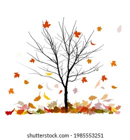 A bare tree is autumn with falling leaves. Vector illustration