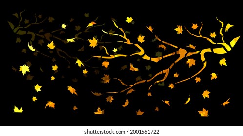 A bare tree is autumn with falling yellow leaves. Vector illustration