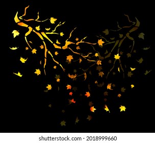 A bare tree is autumn with falling yellow leaves. Vector illustration