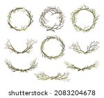 Bare Tree Branch Entangled in Wreath and Tied in Semi Circle Vector Set