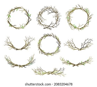 Bare Tree Branch Entangled in Wreath and Tied in Semi Circle Vector Set