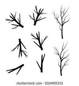 Bare tree branch silhouettes. Leaves, swirls and floral elements