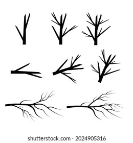 Bare tree branch silhouettes. Leaves, swirls and floral elements